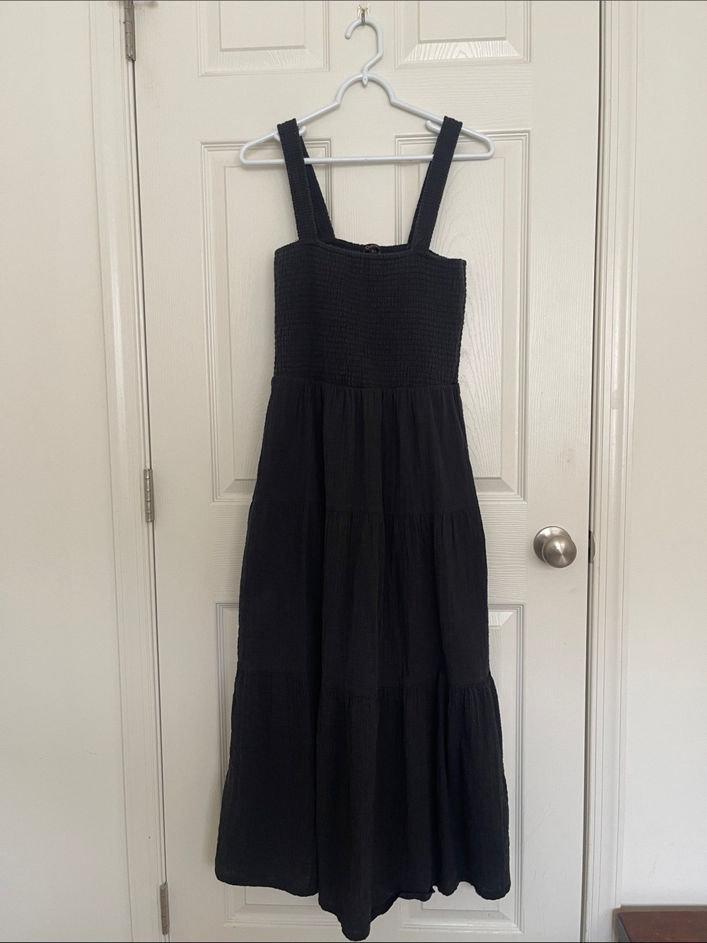 Quince Black Smocked Tiered Maxi Dress with Wide Straps